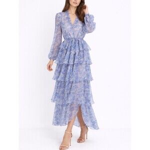 Shona Joy Garner Maxi Dress Womens 6 Blue Floral Drawstring Ruffle Romantic Boho